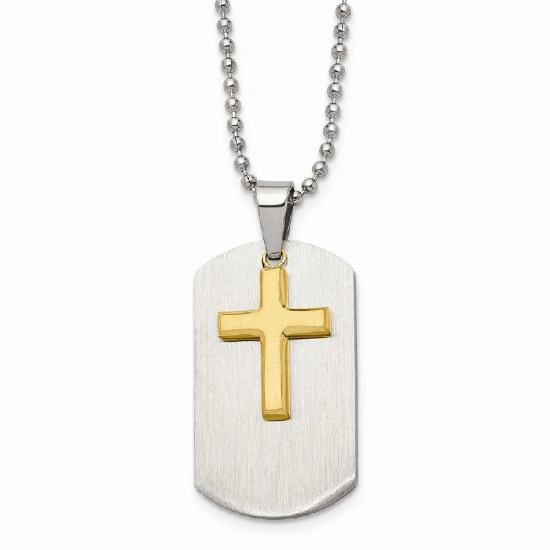 Necklaces and pendants with diamond pendants for a luxurious sparkling effect-Stainless Steel Polished Dog Tag Yellow IP-plated Brushed Cross Necklace