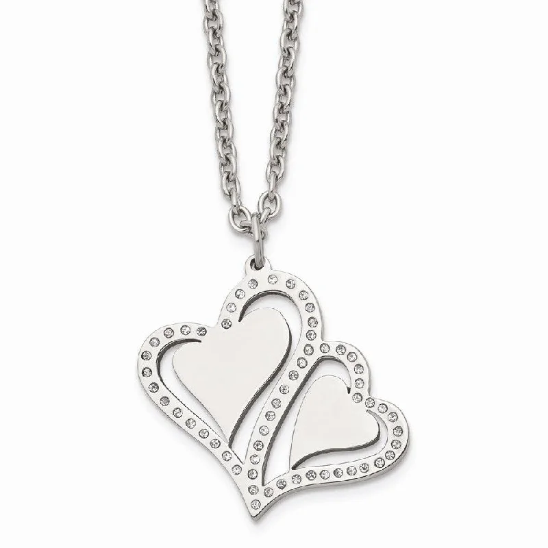 Necklaces and pendants with angel wing motifs for a spiritual, meaningful design-Stainless Steel Polished Hearts with Crystals w/ 2.25in. Ext. Necklace