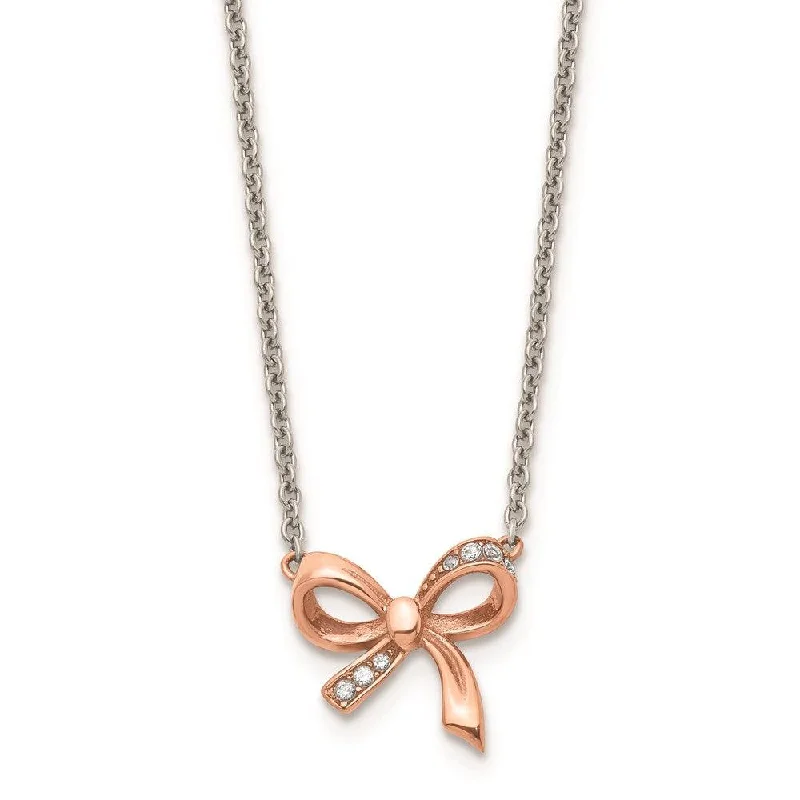 Best necklaces and pendants with opal and gold for a vibrant, luxurious contrast-Stainless Steel Polished Pink IP plated CZ Bow with 1.75in ext. Necklace