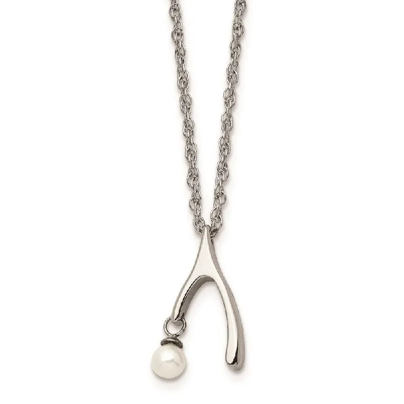 Necklaces and pendants with abstract shapes for a modern, creative appearance-Stainless Steel Polished Wishbone Imitation Pearl 16in Necklace