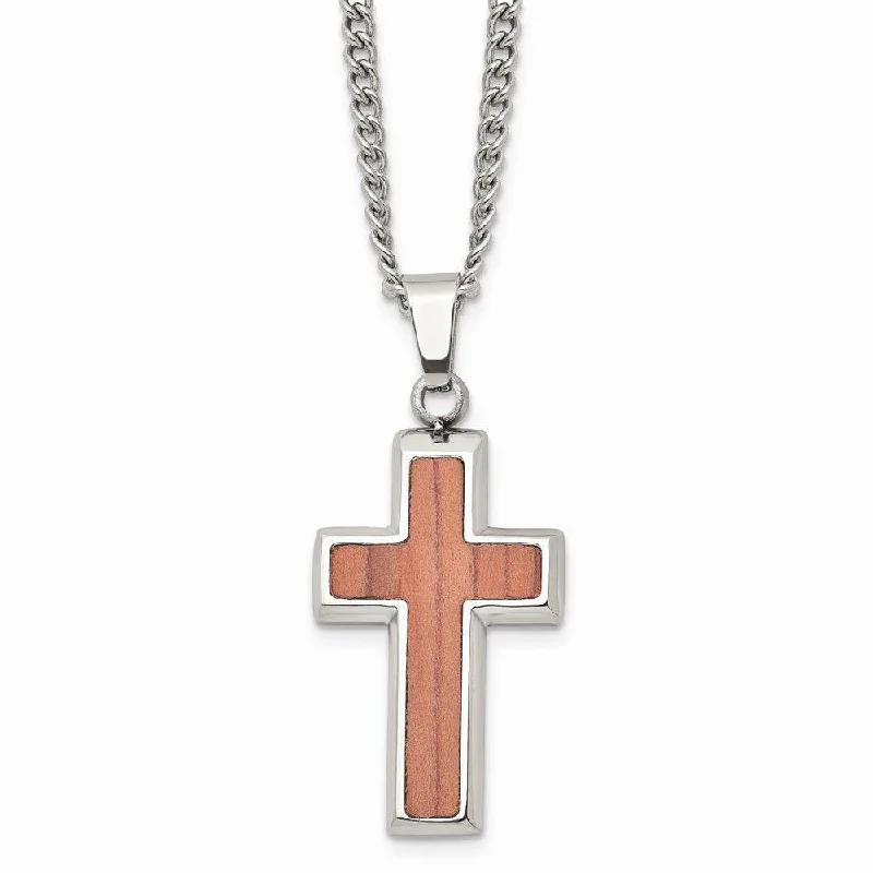 Best necklaces and pendants with personalized coordinates for a special keepsake-Stainless Steel Polished Wood Inlay Cross Necklace