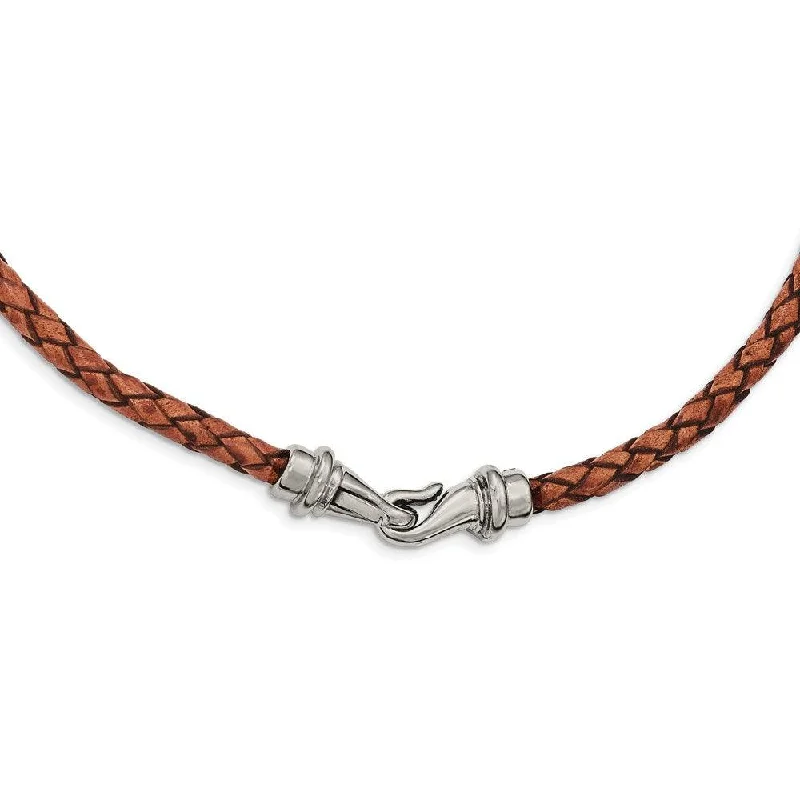 Beautiful necklaces and pendants with layered chains for a fashionable, chic look-Stainless Steel Polished Woven Brown Leather Necklace