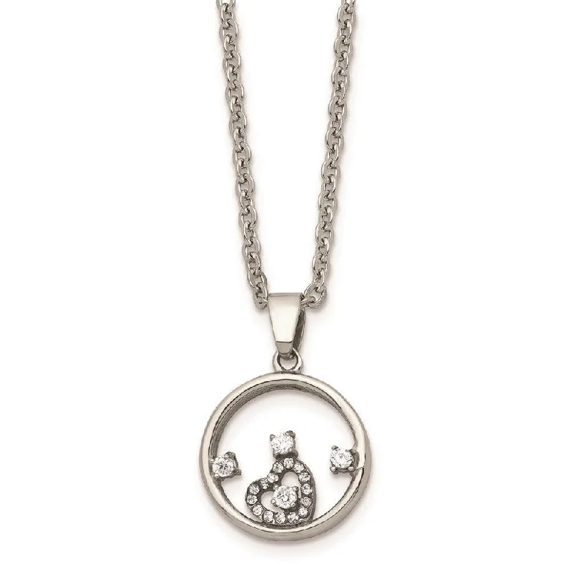 Necklaces and pendants with enamel accents for a colorful, eye-catching appearance-Stainless Steel Round with Heart CZ Polished Necklace