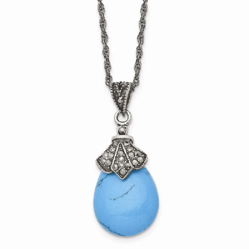 Beautiful necklaces and pendants with natural stones for an earthy, organic vibe-Stainless Steel Simulated Turquoise/Marcasite Antiqued Necklace