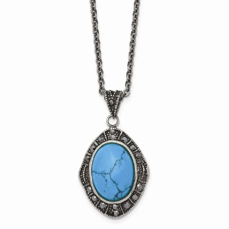 Best necklaces and pendants with layered designs for a chic, stacked look-Stainless Steel Simulated Turquoise/Marcasite Antiqued Necklace