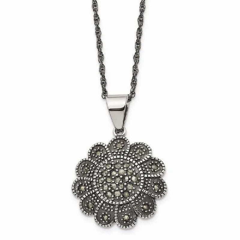 Beautiful necklaces and pendants with moonstone for an ethereal, mystical appearance-Stainless Steel Textured Flower Marcasite Necklace