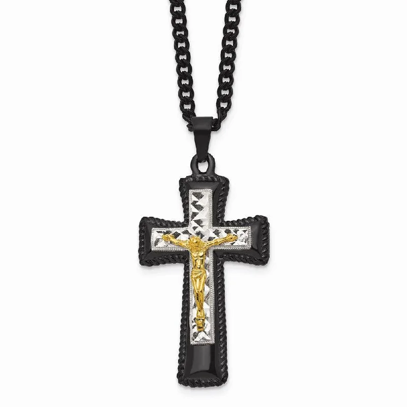 Best necklaces and pendants for weddings with matching designs for bride and groom-StainlessSteel Black & Yellow IP-plated w/ Silver IP Brass Crucifix Neckla