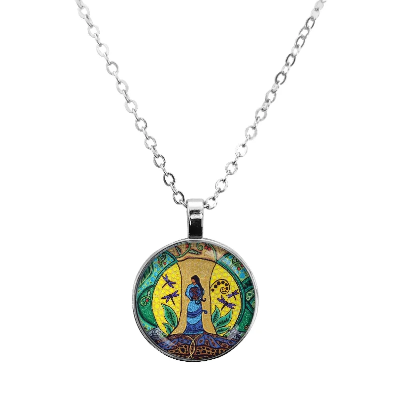 Best necklaces and pendants with heart-shaped lockets for a sentimental keepsake-Strong Earth Woman Glass Dome Necklace, Metis artist Leah Dorion